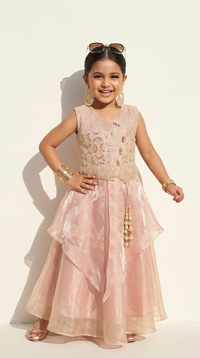 PEACH PEARL EMBROIDERED LAYERED LEHENGA SET