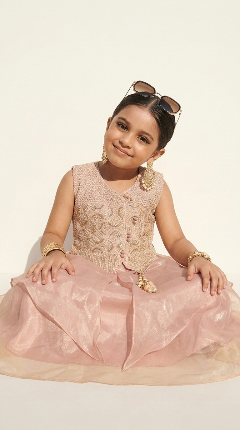 PEACH PEARL EMBROIDERED LAYERED LEHENGA SET