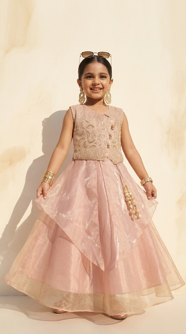PEACH PEARL EMBROIDERED LAYERED LEHENGA SET