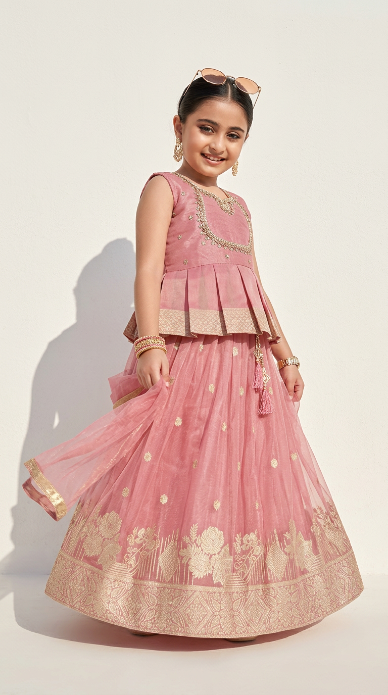 Blush Pink Gold Zari Anarkali Lehenga Set