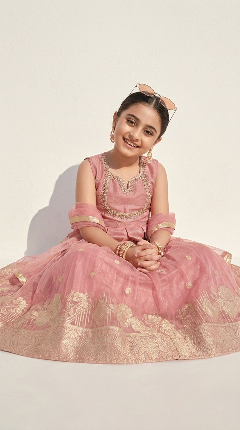Blush Pink Gold Zari Anarkali Lehenga Set
