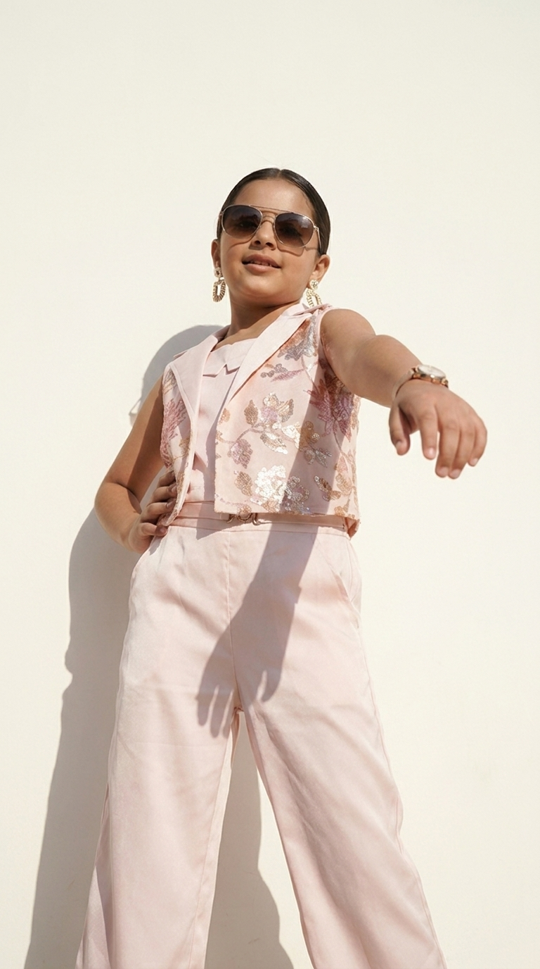 Blush Bloom Sequin Vest & Wide-Leg Pant Set