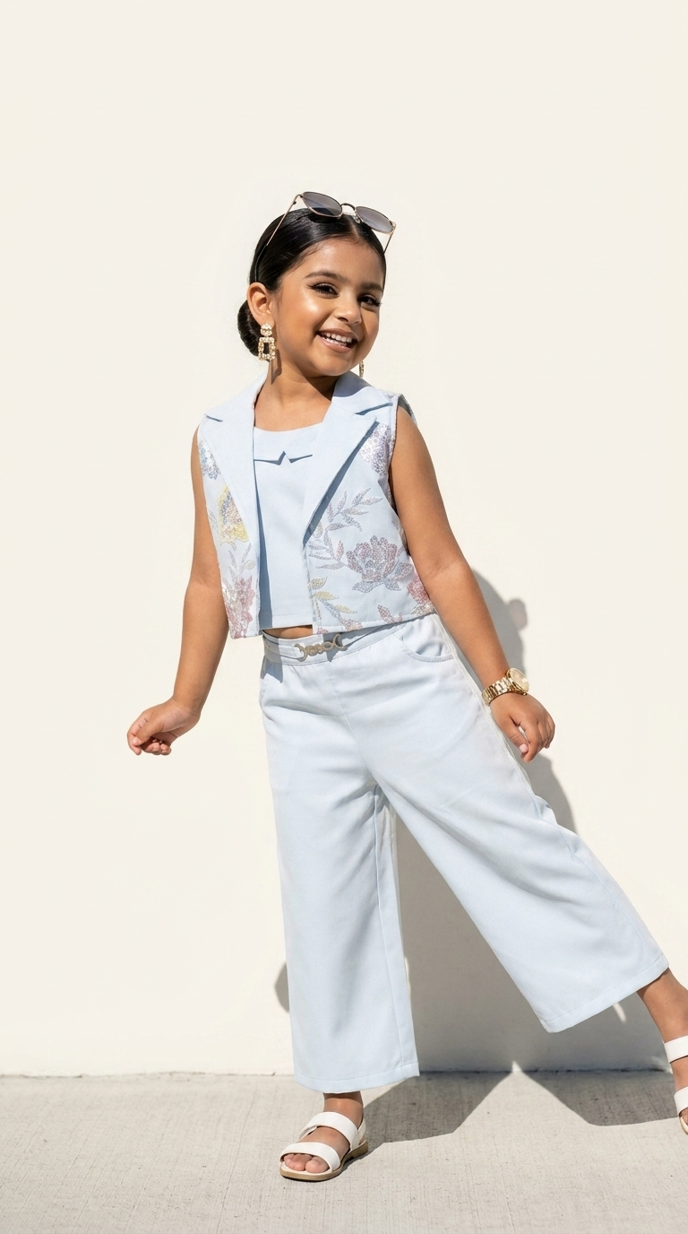 Sky Bloom Embroidered Vest & Wide-Leg Pant Set