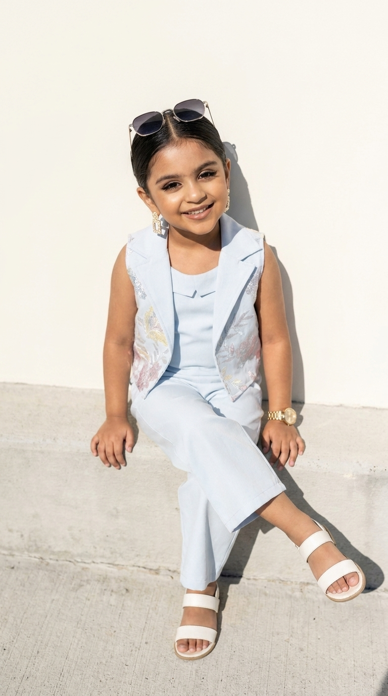Sky Bloom Embroidered Vest & Wide-Leg Pant Set