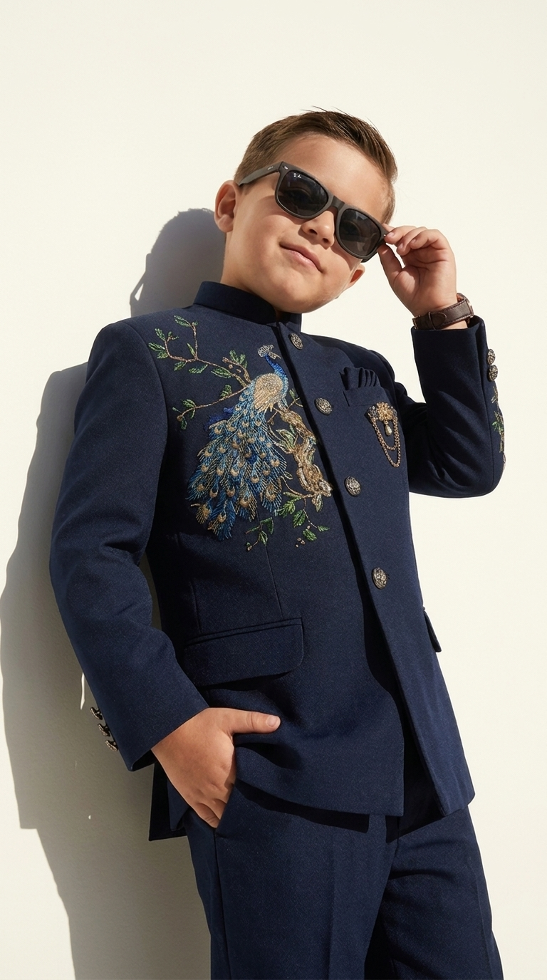 Royal Peacock Embroidered Bandhgala Suit