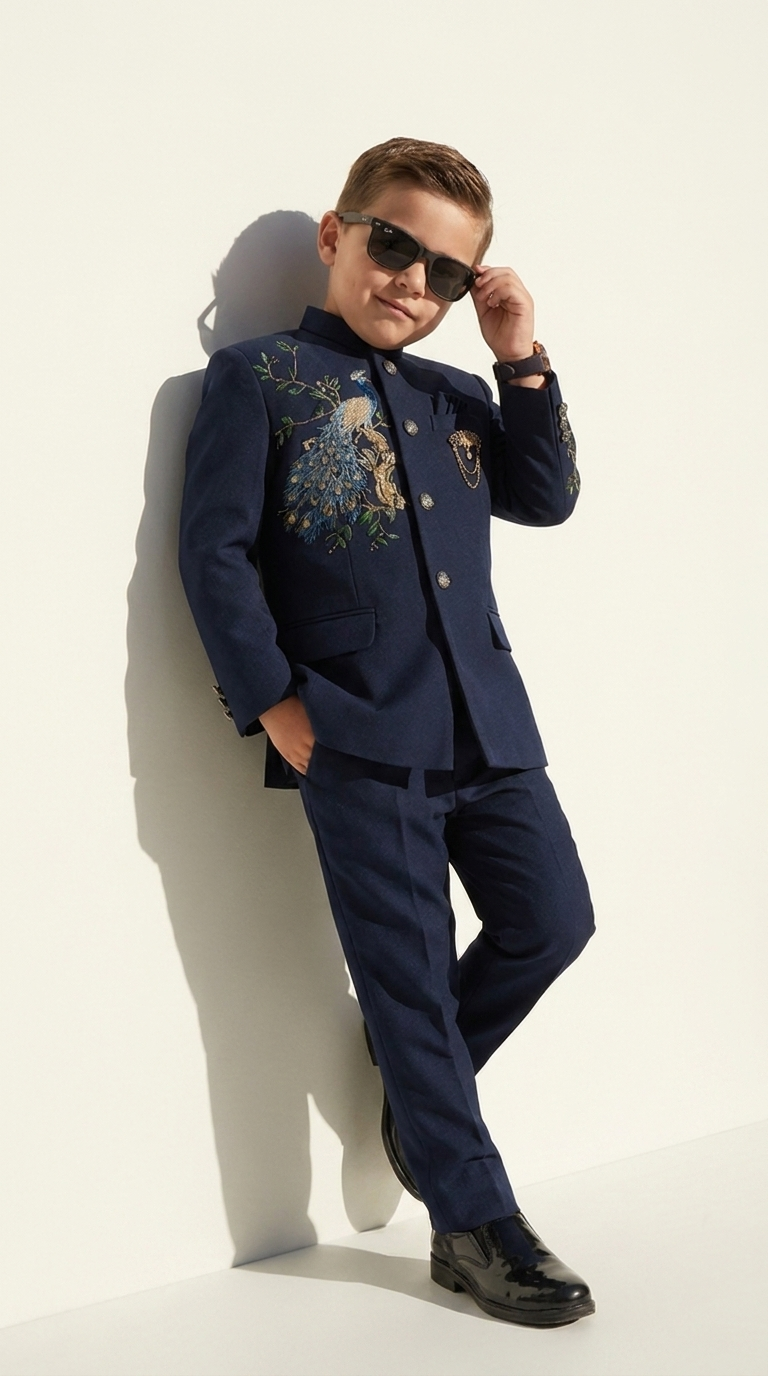 Royal Peacock Embroidered Bandhgala Suit