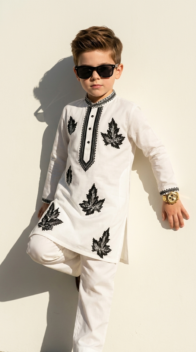 Ivory Noir Leaf Embroidered Kurta Set