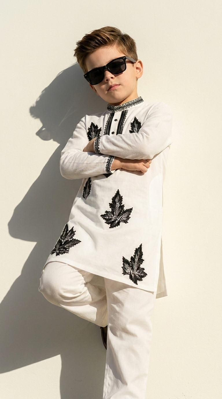 Ivory Noir Leaf Embroidered Kurta Set