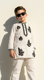 Ivory Noir Leaf Embroidered Kurta Set