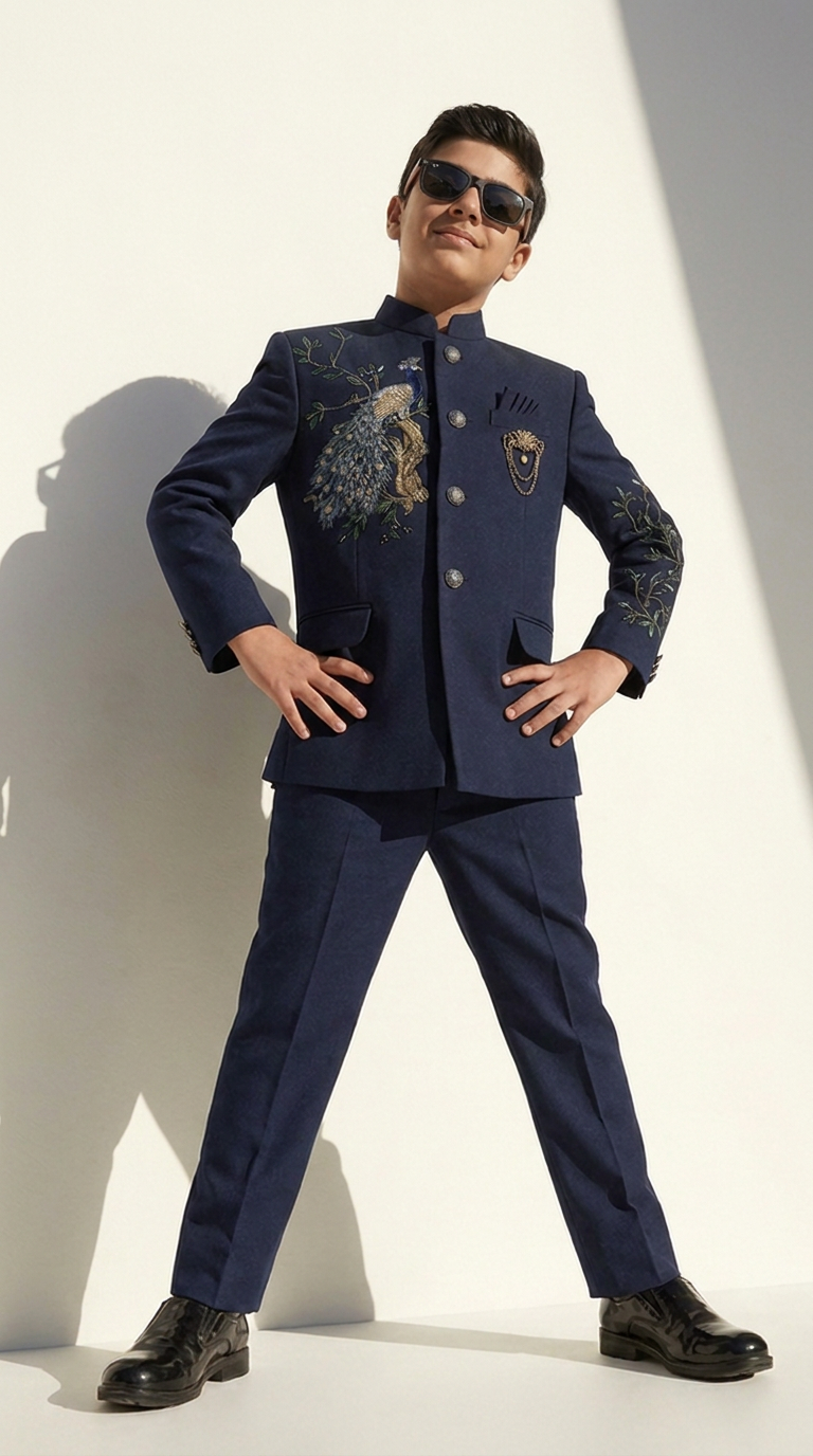 Royal Peacock Embroidered Bandhgala Suit