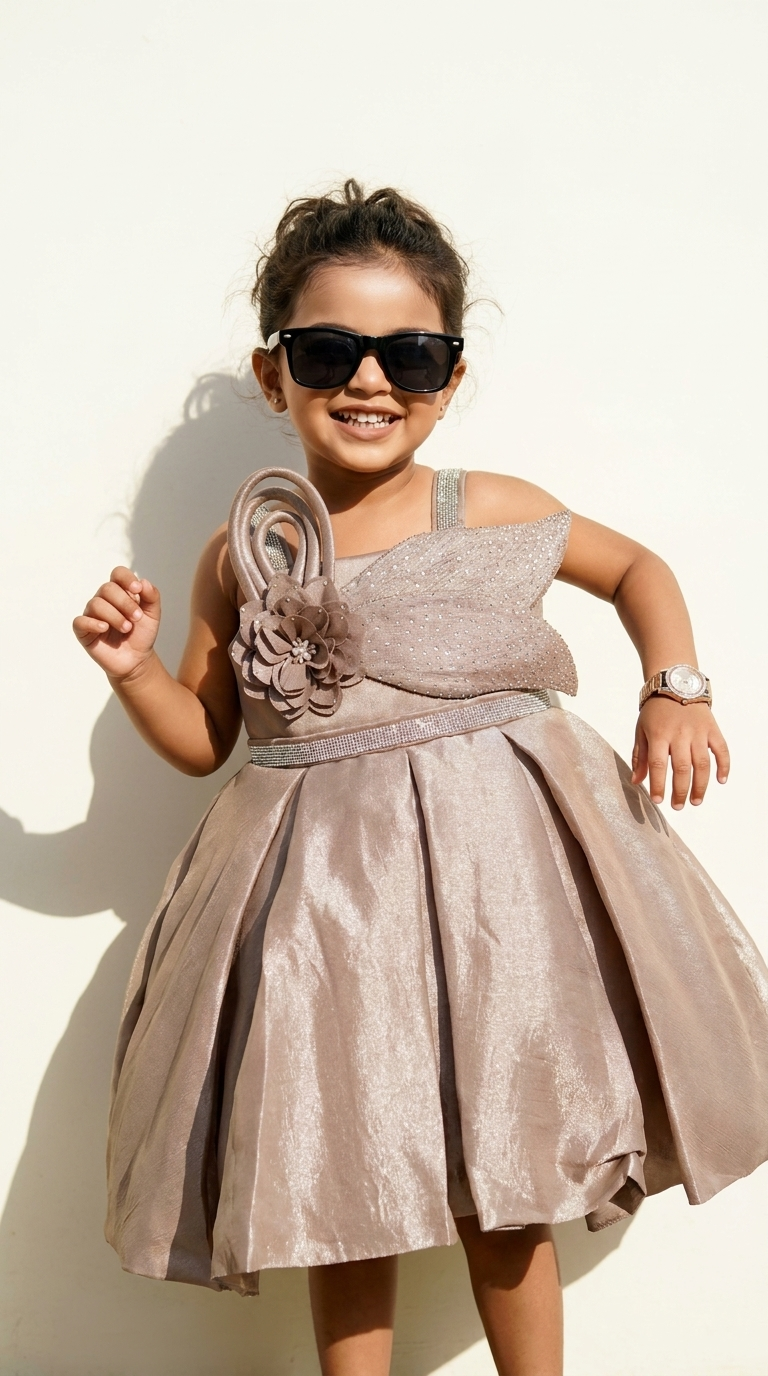 Champagne Taupe Floral Embellished Party Dress