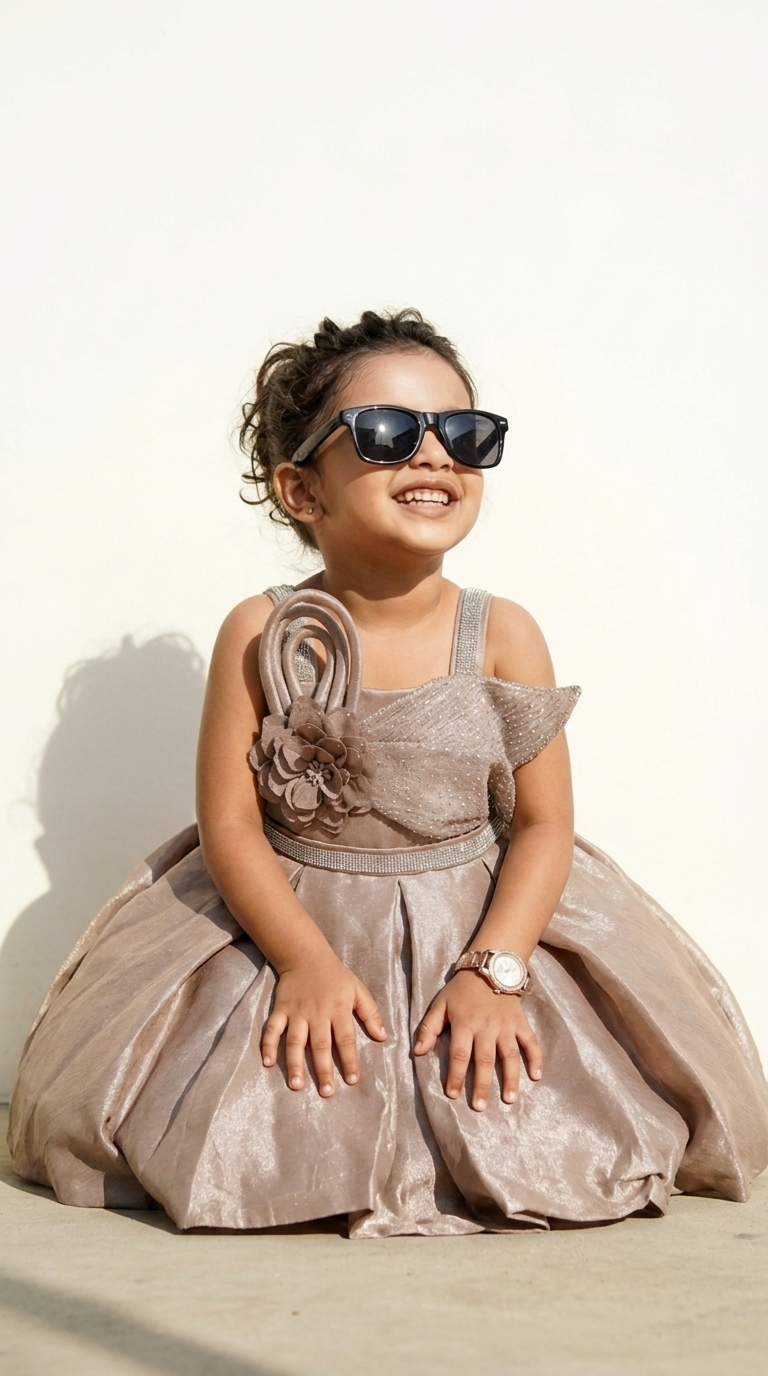 Champagne Taupe Floral Embellished Party Dress