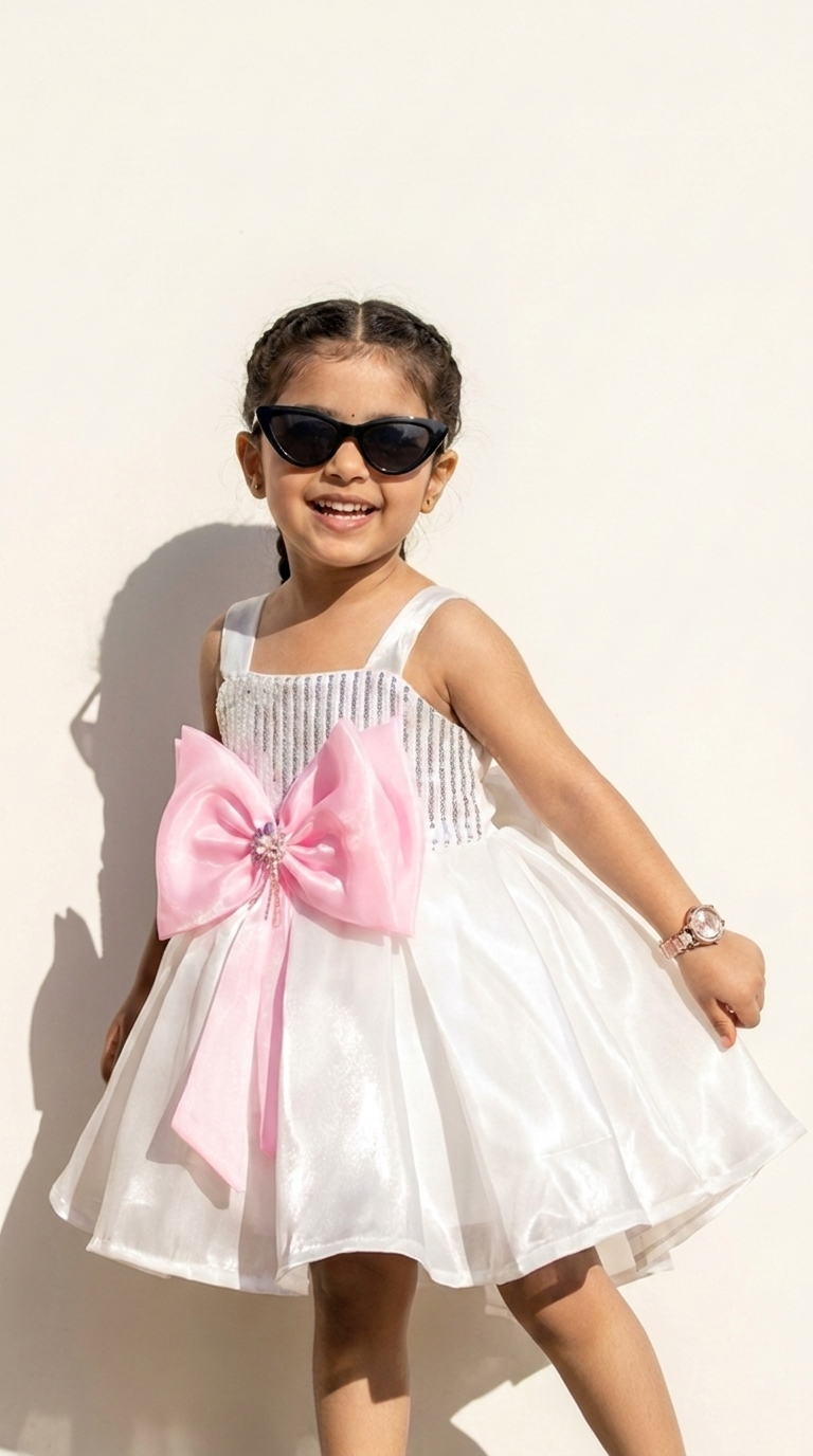 White & Pink Bow Embellished Princess Party Dress
