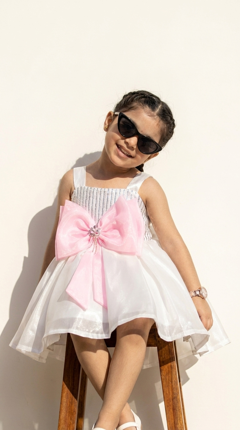 White & Pink Bow Embellished Princess Party Dress