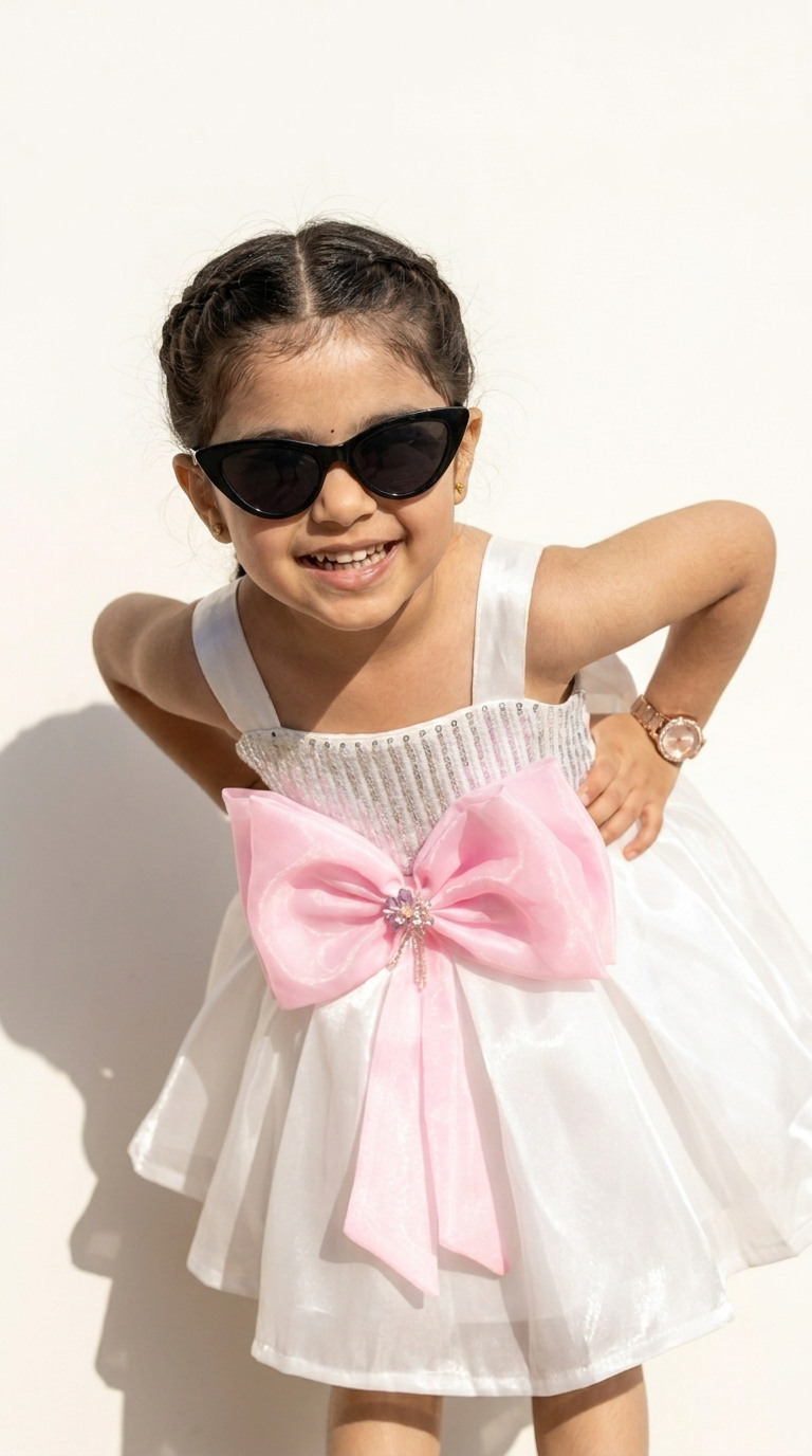 White & Pink Bow Embellished Princess Party Dress