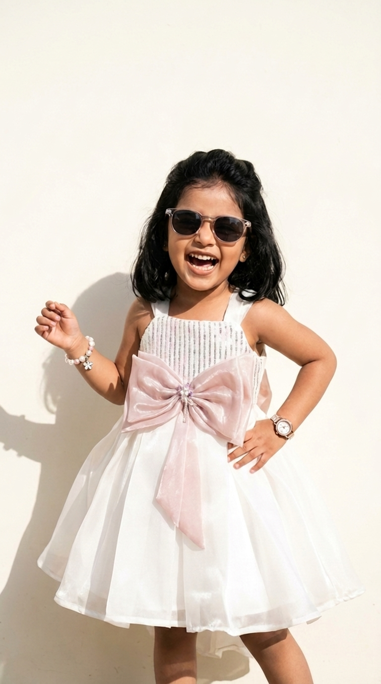 White & Blush Pink Bow Embellished Party Dress