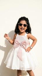 White & Blush Pink Bow Embellished Party Dress