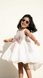 White & Blush Pink Bow Embellished Party Dress