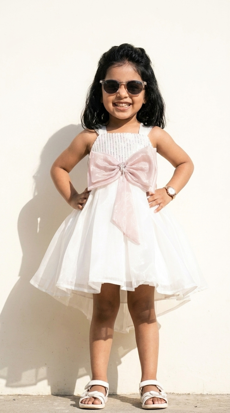White & Blush Pink Bow Embellished Party Dress