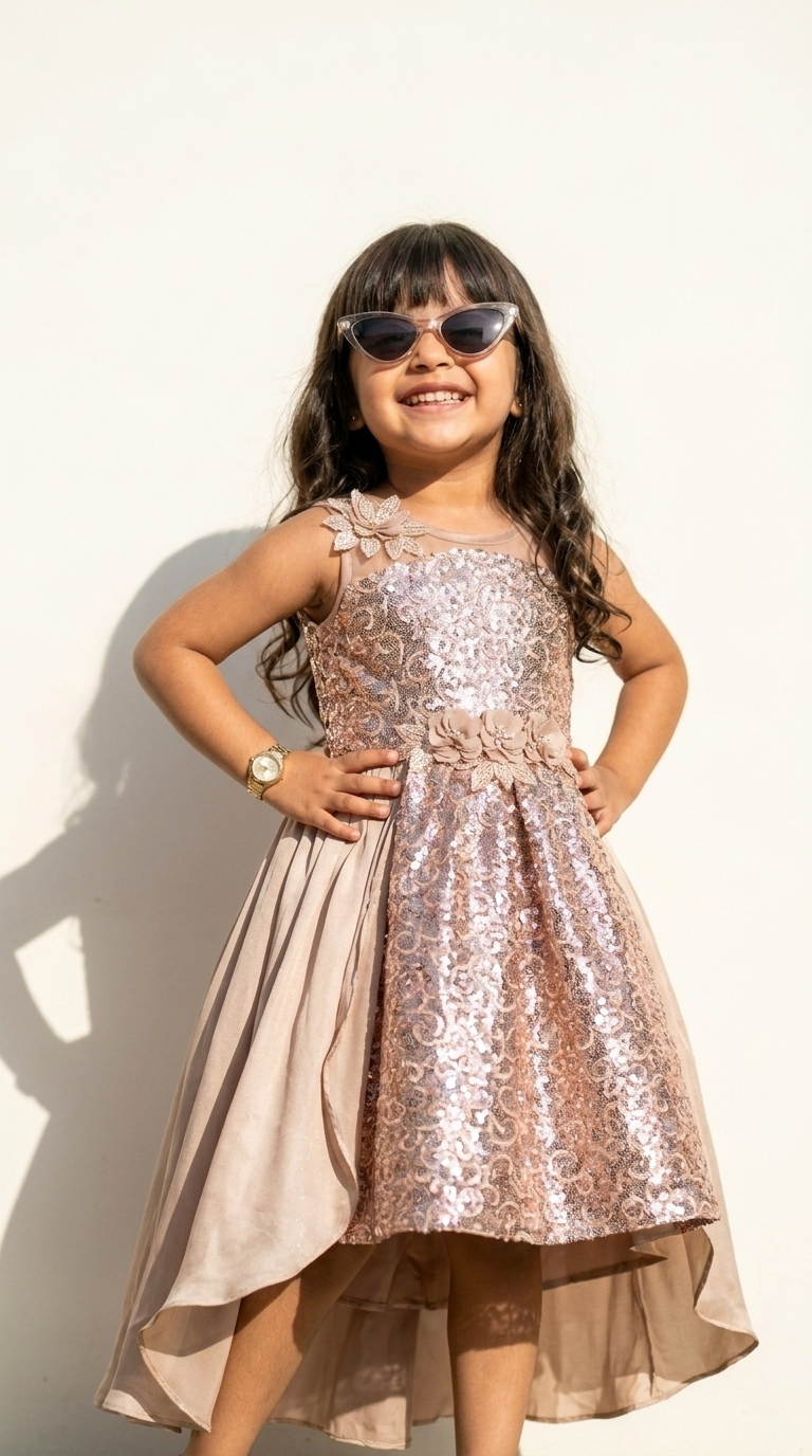 Champagne Rose Sequin Cascade Dress