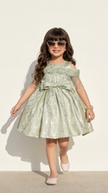 Sage Pearl Bow Shimmer Party Dress