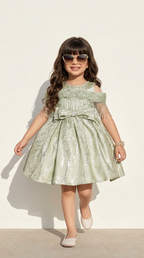 Sage Pearl Bow Shimmer Party Dress