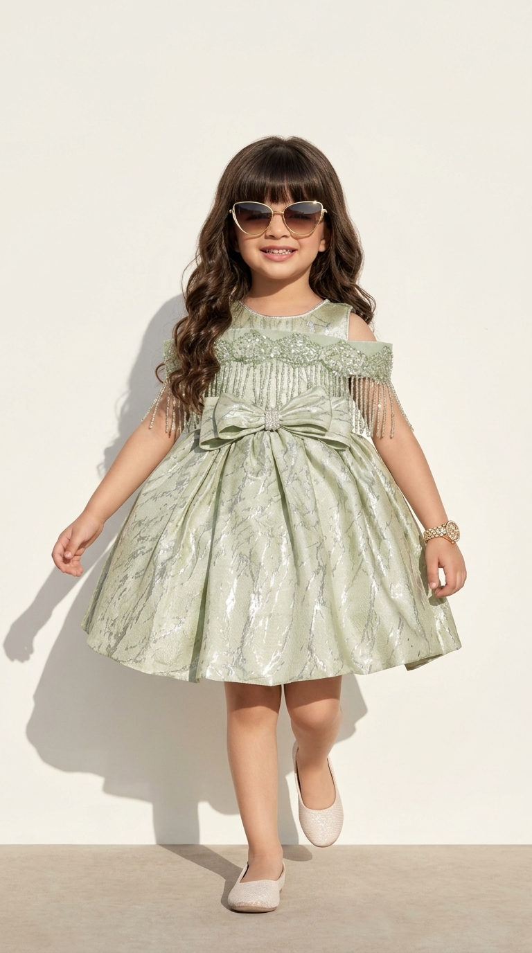 Sage Pearl Bow Shimmer Party Dress