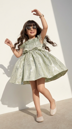 Sage Pearl Bow Shimmer Party Dress