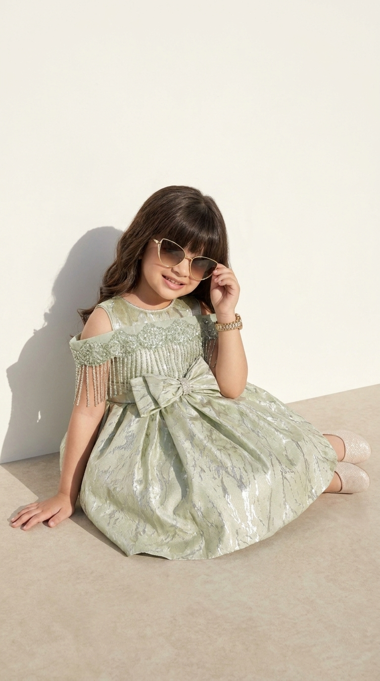 Sage Pearl Bow Shimmer Party Dress