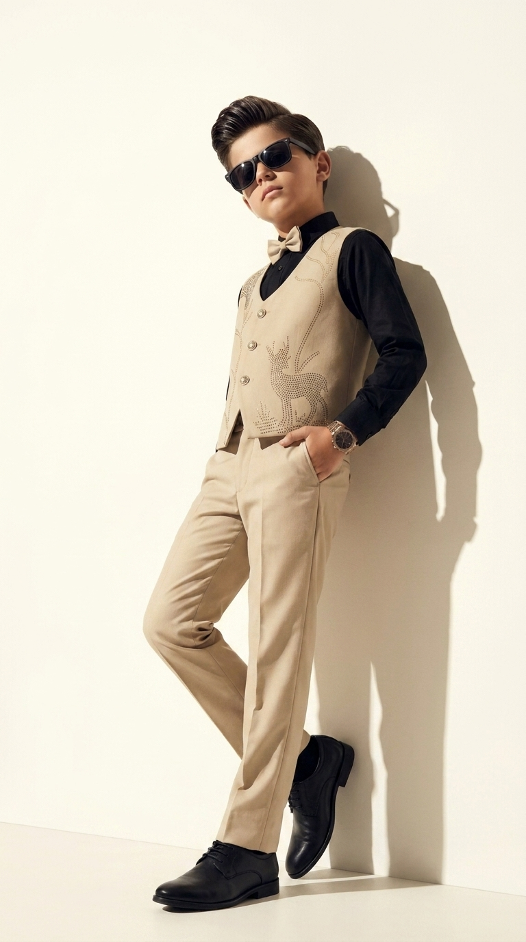 Beige Luxe Boys’ Embellished Waistcoat Set