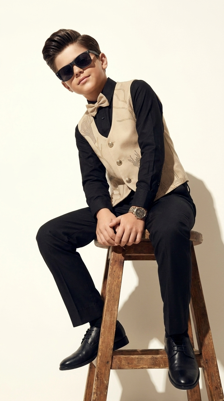 Beige Luxe Boys’ Embellished Waistcoat Set