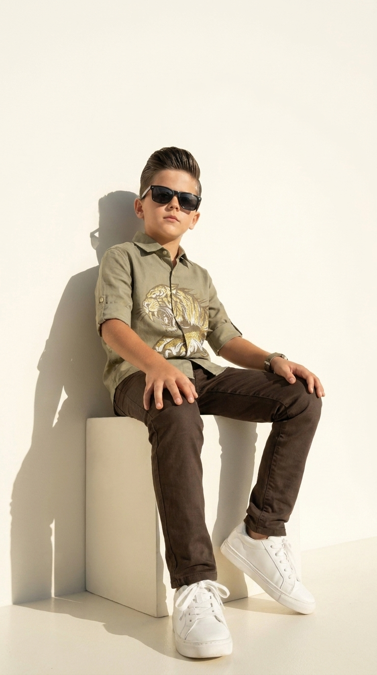 Urban Tiger Boys’ Olive Embroidered Shirt & Trousers Set