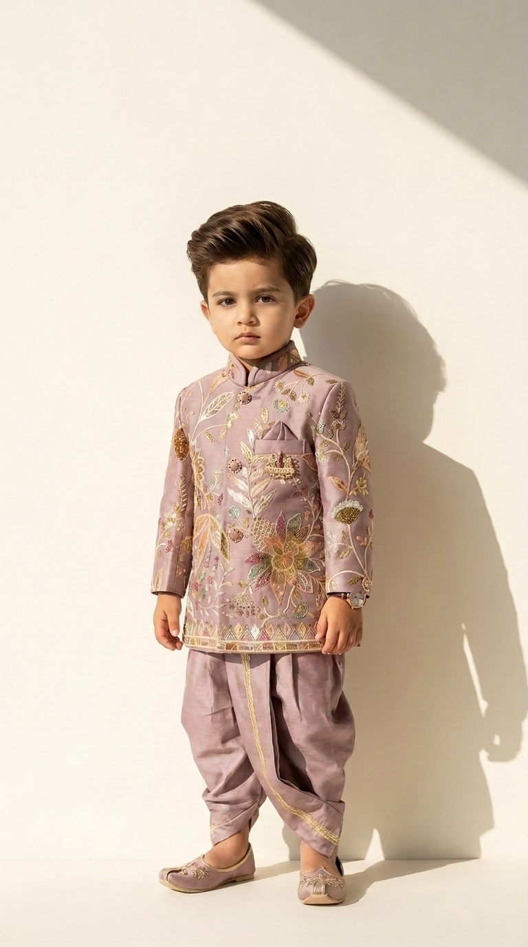 Mauve Maharaja Floral Sherwani Dhoti Set