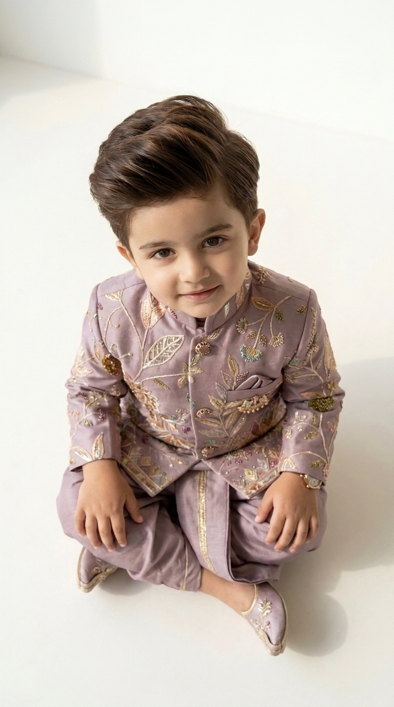 Mauve Maharaja Floral Sherwani Dhoti Set