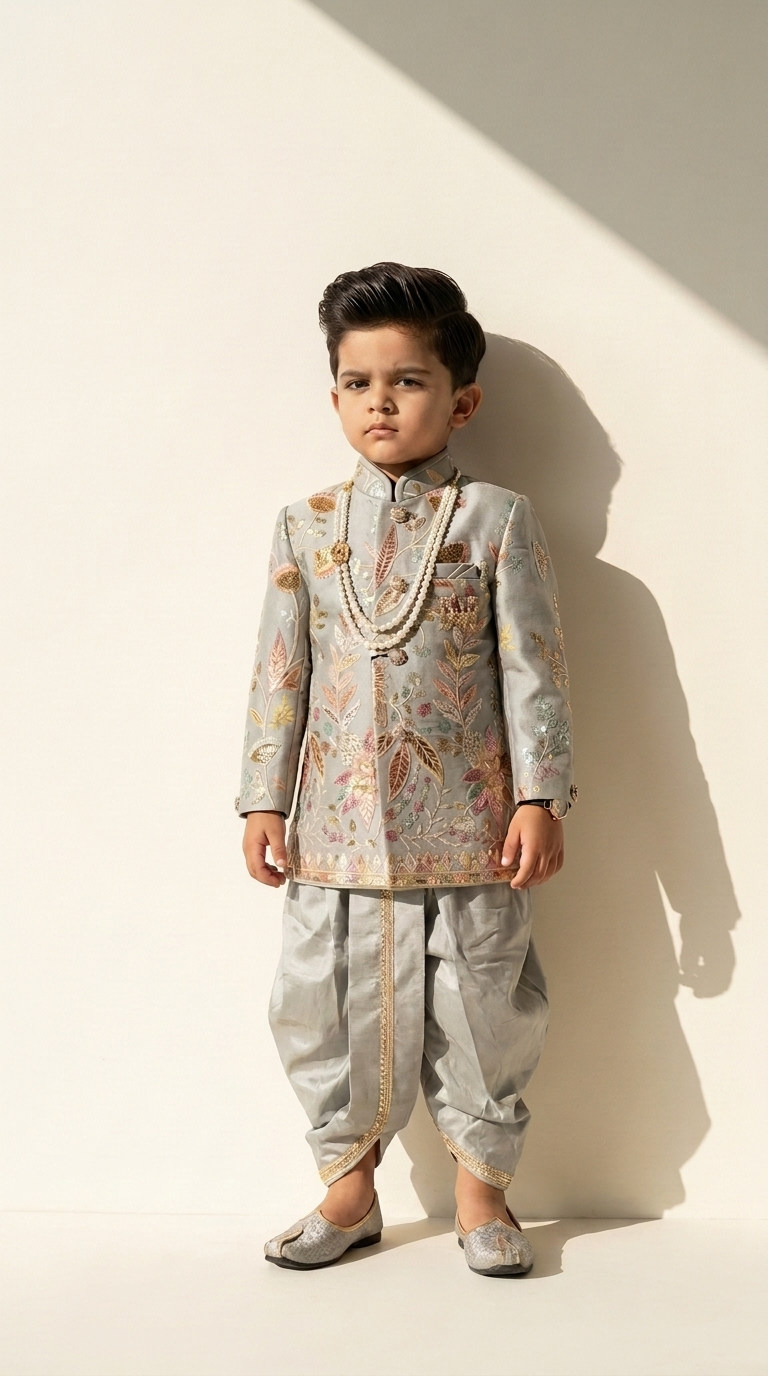Silver Sage Royal Botanical Sherwani Dhoti Set