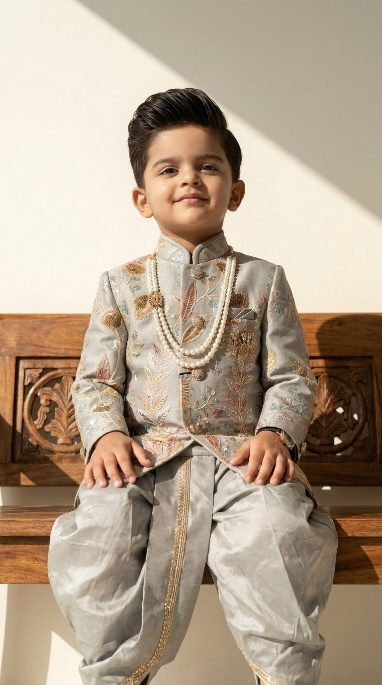 Silver Sage Royal Botanical Sherwani Dhoti Set