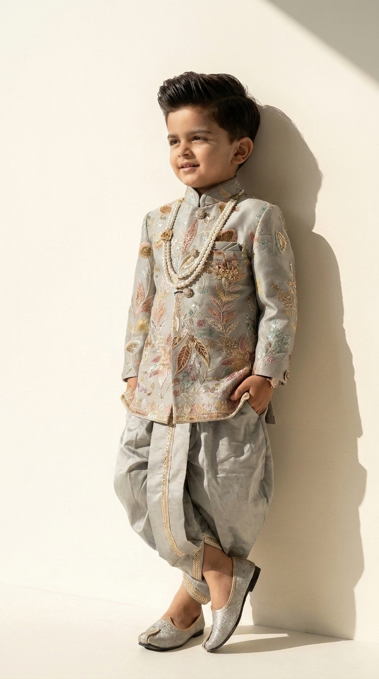 Silver Sage Royal Botanical Sherwani Dhoti Set