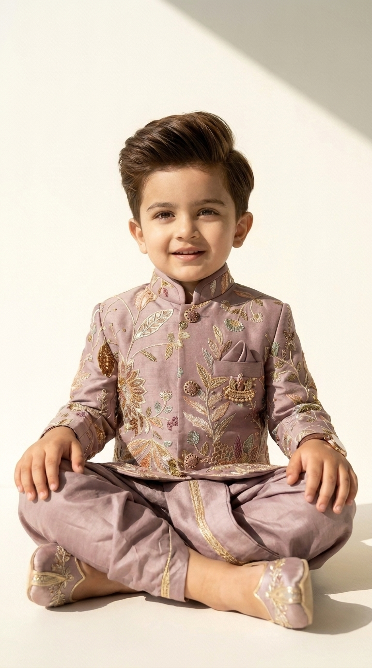 Mauve Maharaja Floral Sherwani Dhoti Set
