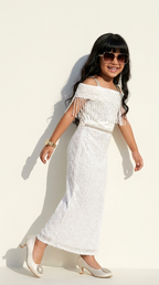 Ivory Pearl Fringe Sequin Party Gown