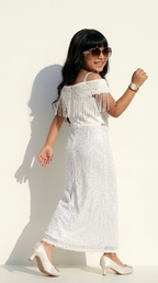Ivory Pearl Fringe Sequin Party Gown