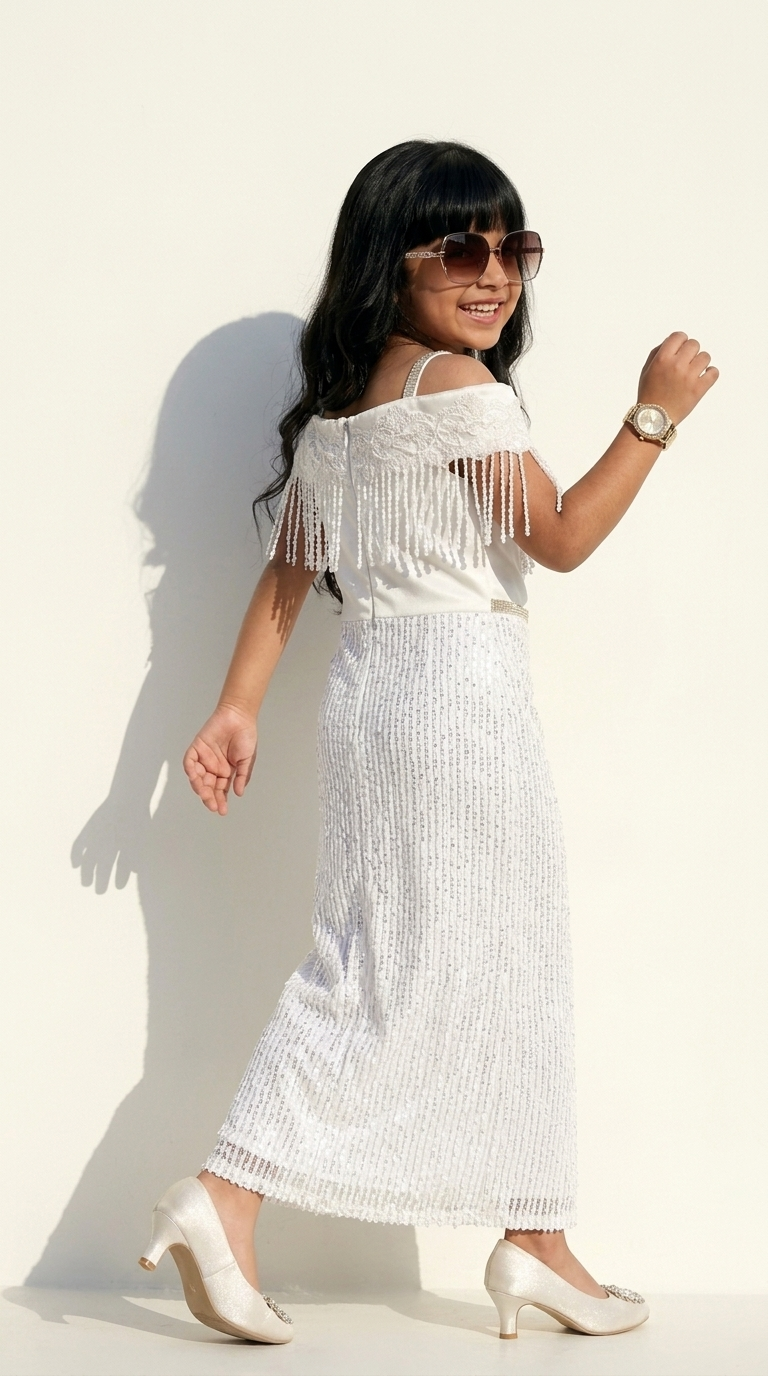 Ivory Pearl Fringe Sequin Party Gown