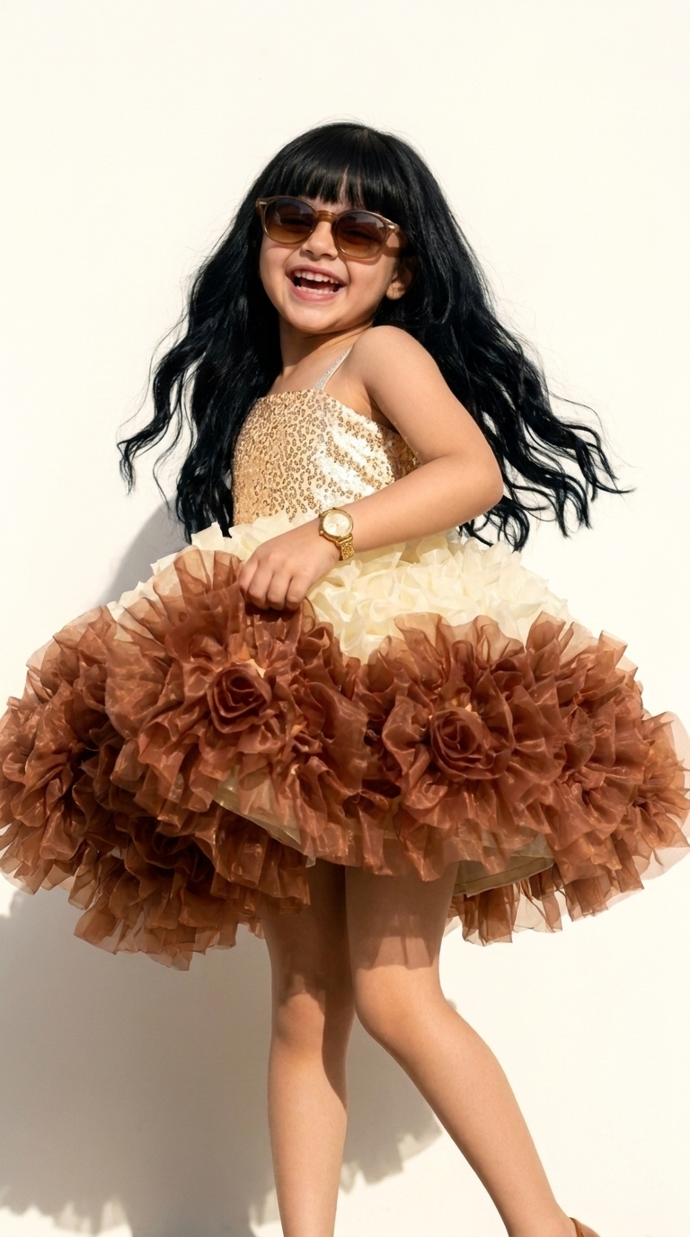 Golden Mocha Rosette Party Dress