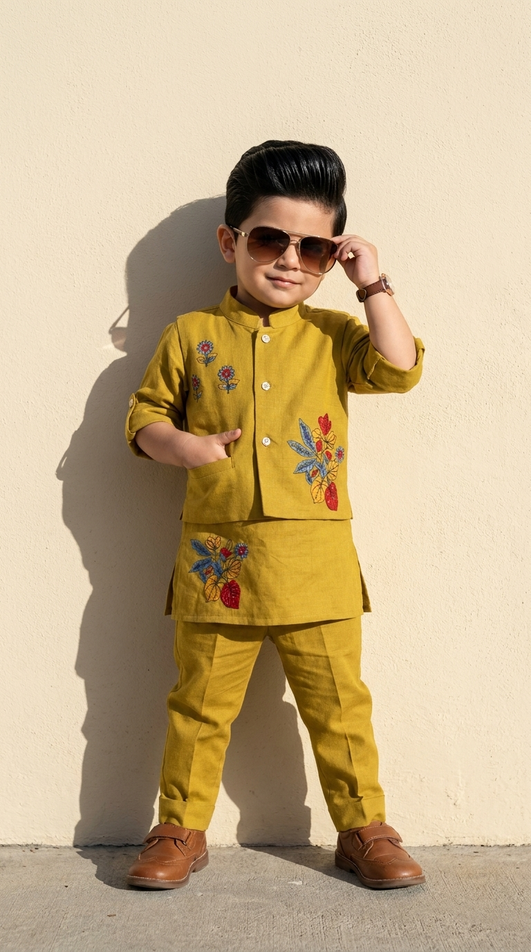 Mustard Bloom Boys’ Embroidered Kurta Set