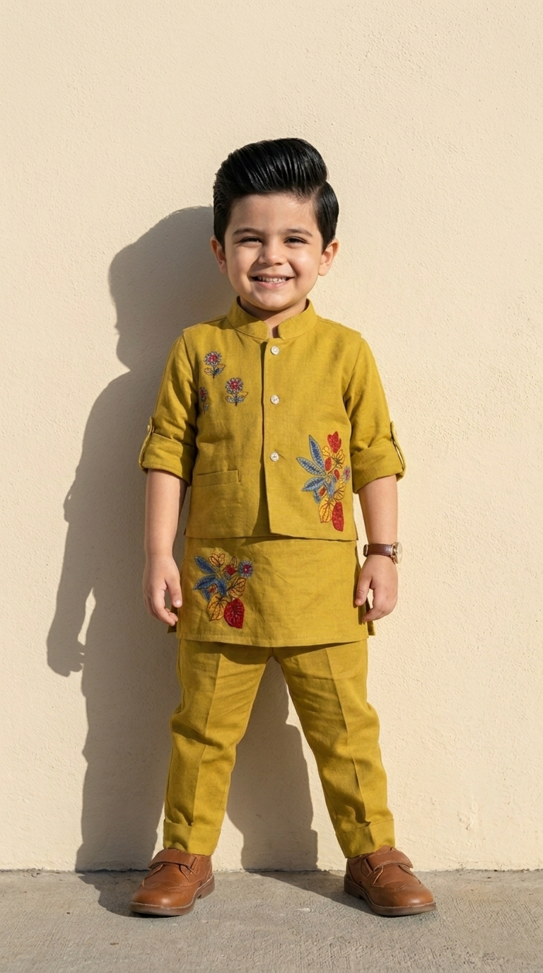 Mustard Bloom Boys’ Embroidered Kurta Set