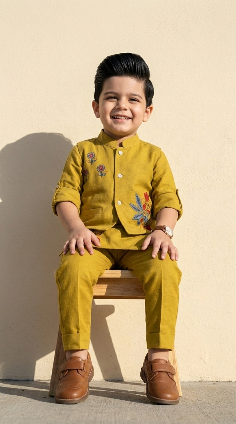 Mustard Bloom Boys’ Embroidered Kurta Set