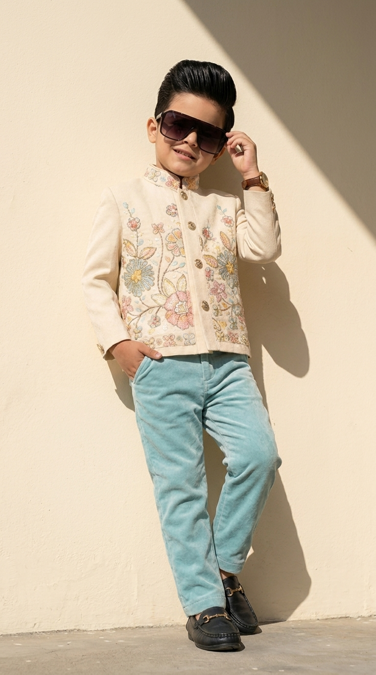 Ivory Floral Royale Boys’ Embroidered Jacket Set