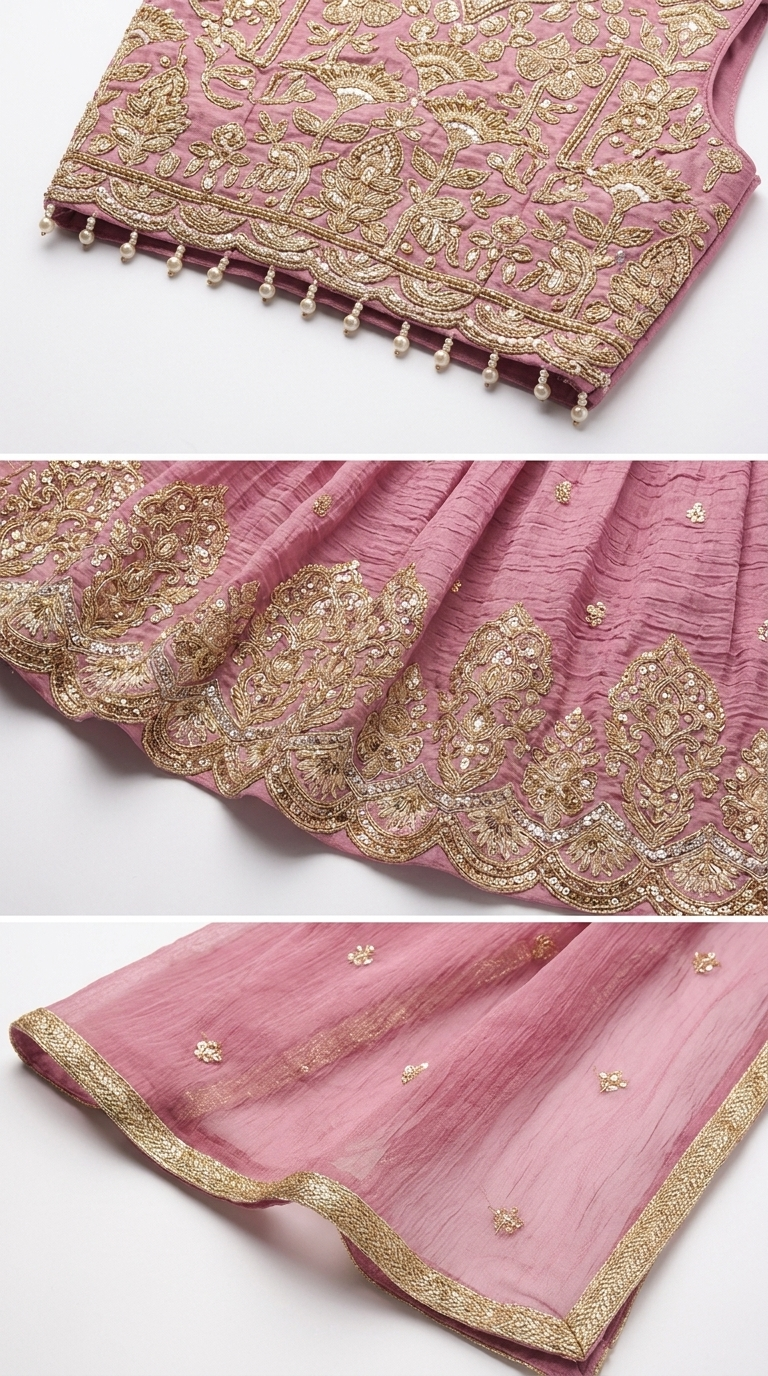 Rosewood Pink Zari Embroidered Lehenga Set
