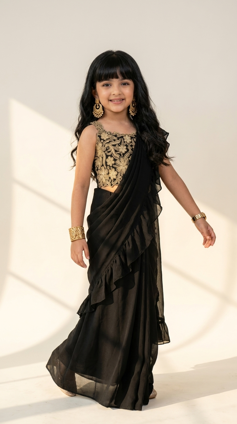 Regal Black & Antique Gold Girls’ Ruffled Saree Set
