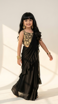 Regal Black & Antique Gold Girls’ Ruffled Saree Set