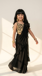 Regal Black & Antique Gold Girls’ Ruffled Saree Set